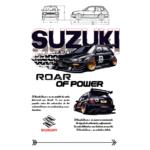 Ilustração de um carro Suzuki com detalhes em preto e amarelo, destacando a frase "Roar of Power" e esboços técnicos do veículo. Logotipo da Suzuki na parte inferior esquerda. Design estilizado voltado para entusiastas de automóveis e cultura automotiva.