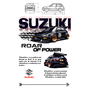 Ilustração de um carro Suzuki com detalhes em preto e amarelo, destacando a frase "Roar of Power" e esboços técnicos do veículo. Logotipo da Suzuki na parte inferior esquerda. Design estilizado voltado para entusiastas de automóveis e cultura automotiva.