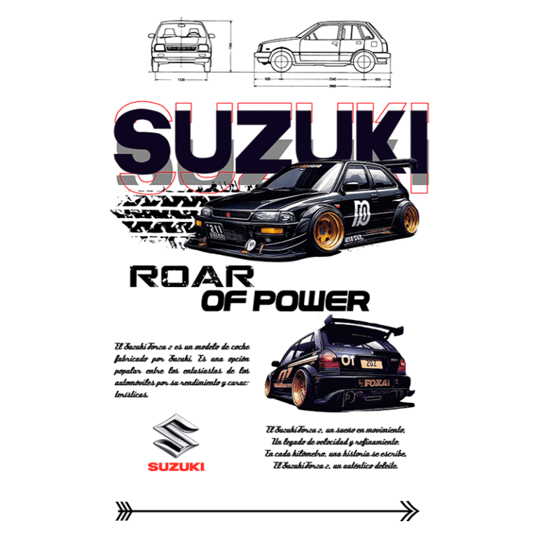 Ilustração de um carro Suzuki com detalhes em preto e amarelo, destacando a frase "Roar of Power" e esboços técnicos do veículo. Logotipo da Suzuki na parte inferior esquerda. Design estilizado voltado para entusiastas de automóveis e cultura automotiva.