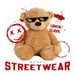 Urso de pelúcia estilizado com óculos escuros, promovendo a marca Blessed Streetwear, com frases inspiradoras como "Change is hope". Fundo com gráficos de streetwear e elementos grunge em vermelho e branco.