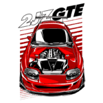 Desenho de um carro esportivo vermelho com motor exposto, destacando o motor 2JZ-GTE. O design inclui detalhes estilizados e linhas dinâmicas, ideal para entusiastas de automóveis e cultura automotiva.