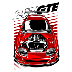 Desenho de um carro esportivo vermelho com motor exposto, destacando o motor 2JZ-GTE. O design inclui detalhes estilizados e linhas dinâmicas, ideal para entusiastas de automóveis e cultura automotiva.