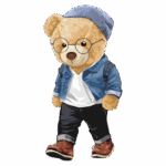 Urso estilizado usando óculos, boné e jaqueta jeans, caminhando com calças escuras e sapatos marrons. Ideal para ilustrações de moda infantil ou produtos relacionados a ursos de pelúcia.