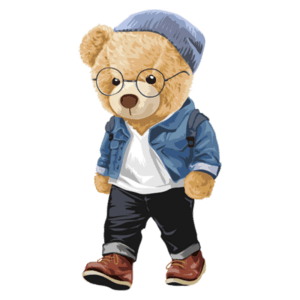 Urso estilizado usando óculos, boné e jaqueta jeans, caminhando com calças escuras e sapatos marrons. Ideal para ilustrações de moda infantil ou produtos relacionados a ursos de pelúcia.
