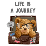 Ursinho usando óculos dentro de uma mala, com a frase "A vida é uma jornada" e balão de fala "Vamos lá". Ideal para temas de viagem e aventura.