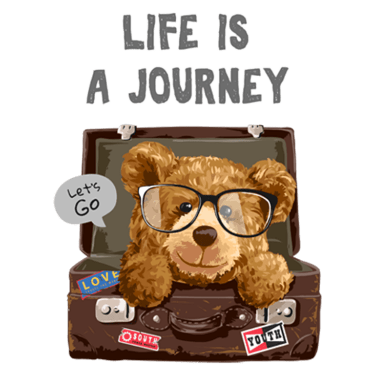 Ursinho usando óculos dentro de uma mala, com a frase "A vida é uma jornada" e balão de fala "Vamos lá". Ideal para temas de viagem e aventura.