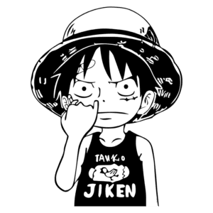 Personagem de anime com chapéu de palha, fazendo uma expressão séria e usando uma camiseta preta com a palavra "JIKEN".