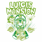 Ilustração do jogo "Luigi's Mansion", mostrando Luigi segurando uma lanterna e cercado por fantasmas, com o título em destaque. A arte é predominantemente verde, refletindo a atmosfera do jogo de aventura e terror leve.
