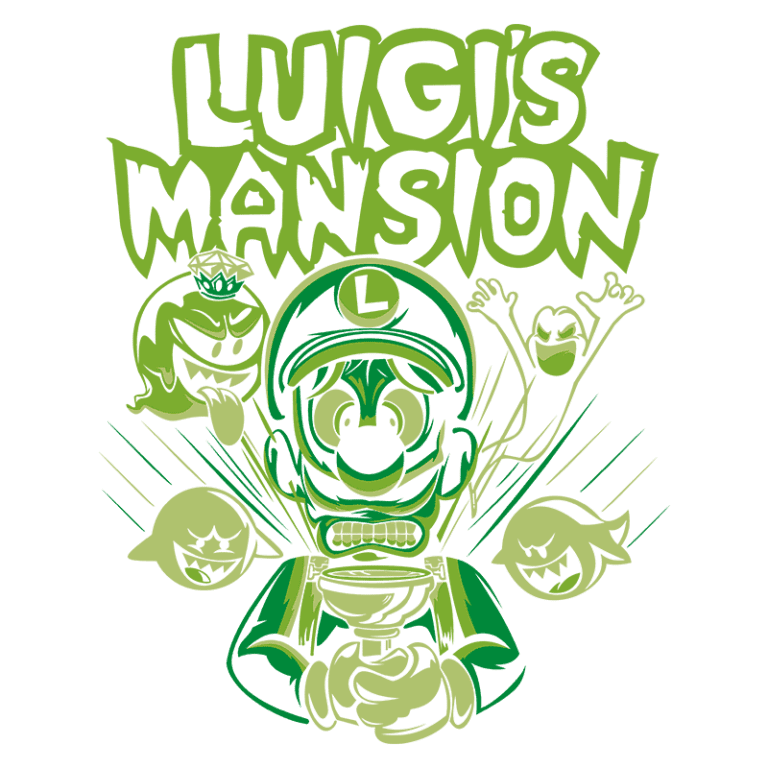 Ilustração do jogo "Luigi's Mansion", mostrando Luigi segurando uma lanterna e cercado por fantasmas, com o título em destaque. A arte é predominantemente verde, refletindo a atmosfera do jogo de aventura e terror leve.