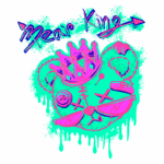 Ilustração colorida de um urso estilizado com uma coroa e óculos escuros. O design apresenta elementos gráficos vibrantes e a frase "Bear King" em azul, com detalhes em verde e rosa, criando um efeito pop art. Ideal para produtos de moda e decoração com temática urbana.