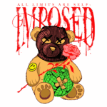 Urso estilizado usando uma máscara preta, segurando uma rosa vermelha, com um ícone de sorriso amarelo no braço e um globo terrestre apresentando curativos. Texto em destaque diz "ALL LIMITS ARE SELF-IMPOSED" em estilo grafite vermelho. Ideal para arte urbana e cultura pop.