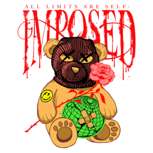 Urso estilizado usando uma máscara preta, segurando uma rosa vermelha, com um ícone de sorriso amarelo no braço e um globo terrestre apresentando curativos. Texto em destaque diz "ALL LIMITS ARE SELF-IMPOSED" em estilo grafite vermelho. Ideal para arte urbana e cultura pop.