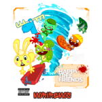 Personagens coloridos da série animada "Happy Tree Friends", incluindo um coelho, um esquilo e um crocodilo, em um fundo dinâmico com efeitos visuais. A imagem destaca o estilo cômico e violento da série, com elementos gráficos da MTV e a frase "Morriremos".