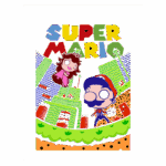 Ilustração colorida do jogo Super Mario, apresentando Mario e a Princesa Peach em um cenário vibrante, com colinas verdes e detalhes icônicos como barris e um bloco POW. O título "SUPER MARIO" está destacado no topo, enfatizando a temática clássica do jogo.