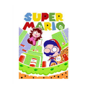 Ilustração colorida do jogo Super Mario, apresentando Mario e a Princesa Peach em um cenário vibrante, com colinas verdes e detalhes icônicos como barris e um bloco POW. O título "SUPER MARIO" está destacado no topo, enfatizando a temática clássica do jogo.