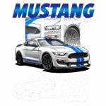 Mustang Shelby GT500 2022 em destaque, mostrando design esportivo com pintura branca e faixas azuis. Inclui ilustrações do carro e informações sobre seu desempenho superior e tecnologia avançada, enfatizando sua potência e presença nas ruas e pistas.
