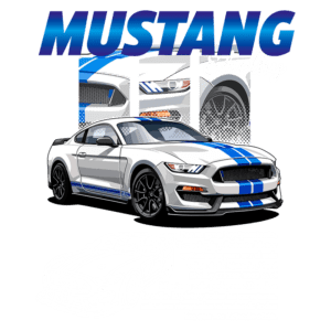 Mustang Shelby GT500 2022 em destaque, mostrando design esportivo com pintura branca e faixas azuis. Inclui ilustrações do carro e informações sobre seu desempenho superior e tecnologia avançada, enfatizando sua potência e presença nas ruas e pistas.