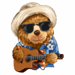 Urso estilizado usando óculos escuros e chapéu de palha, vestido com uma camisa havaiana, tocando violão. Ideal para temas de música e diversão.