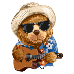 Urso estilizado usando óculos escuros e chapéu de palha, vestido com uma camisa havaiana, tocando violão. Ideal para temas de música e diversão.