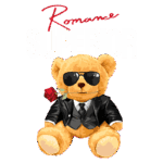 Urso de pelúcia elegante usando óculos escuros e terno, segurando uma rosa, com o texto "Romance Superior" em destaque. Ideal para produtos relacionados a presentes românticos e decoração.