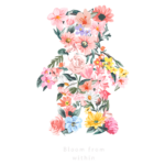 Ilustração de um urso formado por flores coloridas, simbolizando crescimento e beleza interior, com a frase "Bloom from within" abaixo. Ideal para temas de autocuidado e natureza.