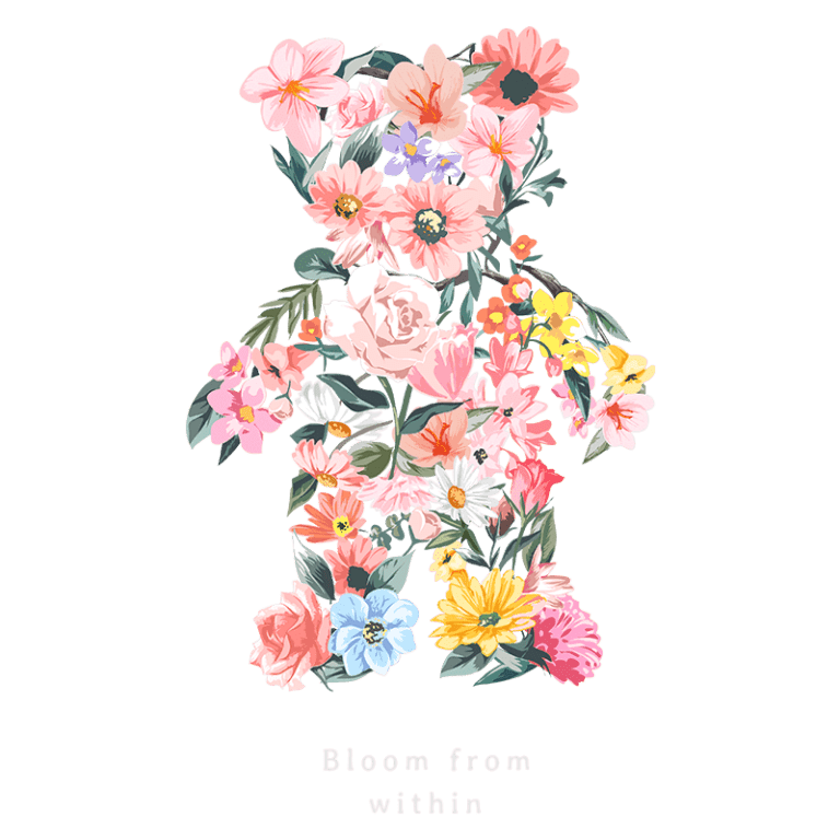 Ilustração de um urso formado por flores coloridas, simbolizando crescimento e beleza interior, com a frase "Bloom from within" abaixo. Ideal para temas de autocuidado e natureza.