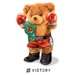 Urso de pelúcia boxeador usando luvas vermelhas e shorts vermelhos, segurando um cinturão de campeão. Design atraente com a hashtag #vitoria em destaque.