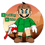 Personagem de jogo em estilo cartoon, vestido com camisa verde, mostrando um traje inusitado com calças curtas. Ele segura uma arma de brinquedo vermelha e exibe um sorriso amigável. O fundo apresenta um cenário desértico com montanhas ao longe e o texto "Breaking Bricks" ao lado.