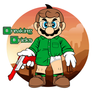 Personagem de jogo em estilo cartoon, vestido com camisa verde, mostrando um traje inusitado com calças curtas. Ele segura uma arma de brinquedo vermelha e exibe um sorriso amigável. O fundo apresenta um cenário desértico com montanhas ao longe e o texto "Breaking Bricks" ao lado.