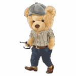 Urso estilizado vestindo camisa listrada e chapéu, segurando óculos, caminhando de forma confiante. Ideal para temas de moda infantil ou ilustrações divertidas.