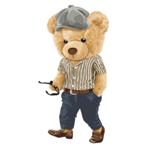 Urso estilizado vestindo camisa listrada e chapéu, segurando óculos, caminhando de forma confiante. Ideal para temas de moda infantil ou ilustrações divertidas.