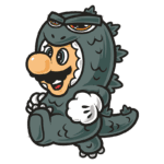 Personagem de videogame com um traje de Godzilla, sorrindo e correndo. O design combina elementos do famoso encanador Mario com características do monstro icônico.