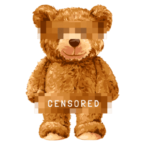 Urso de pelúcia com pelagem marrom e detalhes fofos, exibindo uma faixa de censura sobre os olhos e uma etiqueta com a palavra "CENSURADO". Ideal para representar humor ou temas de censura em ilustrações.