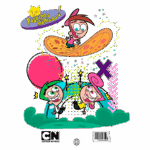 Capa do desenho animado "Los Padrinos Mágicos" com Timmy Turner voando em um tapete mágico, cercado por seus padrinhos, Cosmo e Wanda, que seguram varinhas mágicas. O fundo é colorido e cheio de elementos mágicos, refletindo a temática do show.