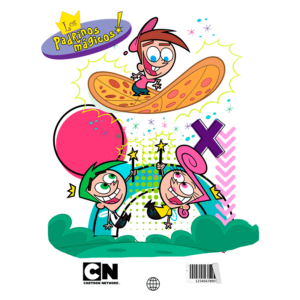 Capa do desenho animado "Los Padrinos Mágicos" com Timmy Turner voando em um tapete mágico, cercado por seus padrinhos, Cosmo e Wanda, que seguram varinhas mágicas. O fundo é colorido e cheio de elementos mágicos, refletindo a temática do show.