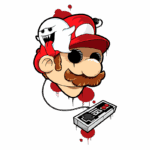 Personagem estilo cartoon de um encanador, inspirado no Mario, com um fantasma no boné e um controle de vídeo game conectado, com detalhes em sangue.