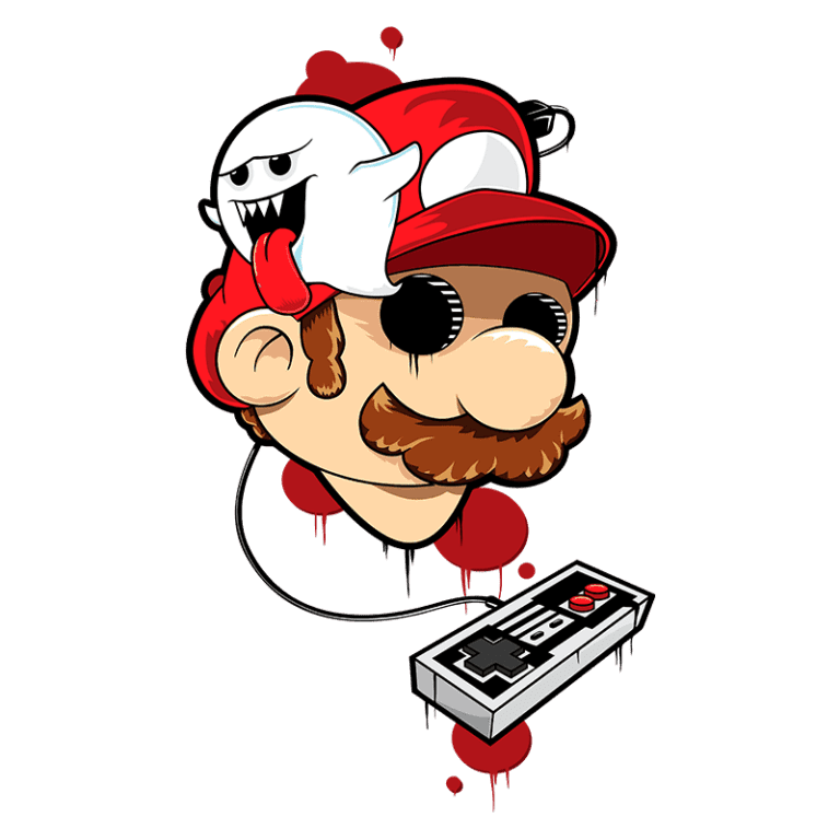 Personagem estilo cartoon de um encanador, inspirado no Mario, com um fantasma no boné e um controle de vídeo game conectado, com detalhes em sangue.