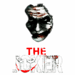 Imagem do personagem icônico Coringa, com uma expressão facial intensa e maquiagem extrema, destacando o título "THE JOKER" em letras grandes e desgastadas, simbolizando o universo dos quadrinhos e filmes de super-heróis.