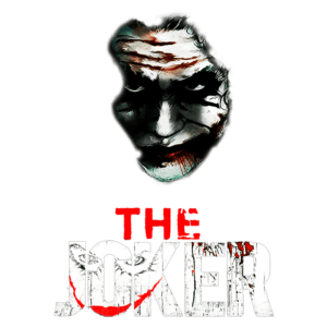 Imagem do personagem icônico Coringa, com uma expressão facial intensa e maquiagem extrema, destacando o título "THE JOKER" em letras grandes e desgastadas, simbolizando o universo dos quadrinhos e filmes de super-heróis.