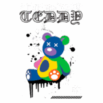 Urso de pelúcia estilizado em cores vibrantes, com detalhes gráficos e fundo salpicado, representando uma arte moderna e urbana. O design inclui a palavra "Teddy" em destaque e um código QR.