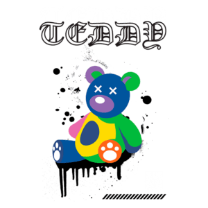 Urso de pelúcia estilizado em cores vibrantes, com detalhes gráficos e fundo salpicado, representando uma arte moderna e urbana. O design inclui a palavra "Teddy" em destaque e um código QR.
