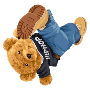 Urso de pelúcia estilizado com roupas de hip-hop, usando calças jeans e um tênis amarelo, em uma pose divertida.