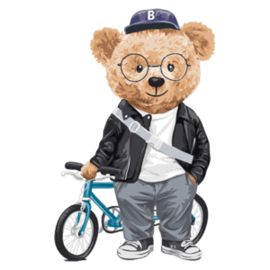 Urso estilizado usando jaqueta de couro e boné, posando ao lado de uma bicicleta azul. Ideal para temas de moda infantil e produtos relacionados a animais.