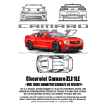 Imagem do Chevrolet Camaro ZL1 1LE, um carro esportivo vermelho, exibindo seu design arrojado e potente. O veículo é equipado com um motor V8 supercharged LT4 de 6.2L, com uma potência estimada de 640 hp e torque de 868 Nm. Detalhes técnicos e imagens esquemáticas do carro são incluídos, destacando sua performance excepcional.