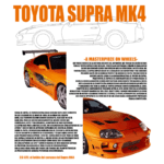 Imagem do Toyota Supra MK4, destacando seu design icônico e detalhes de personalização, incluindo pintura laranja vibrante e aerofólio traseiro. O texto descreve o carro como uma obra-prima sobre rodas, mencionando suas características de desempenho e popularidade entre entusiastas de automóveis.
