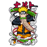 Personagem de anime Naruto Uzumaki em pose de jutsu, segurando um pergaminho com nuvens e efeitos dinâmicos ao redor. Fundo verde.