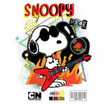Snoopy em estilo rock, usando óculos escuros e tocando guitarra elétrica em meio a chamas. O fundo é colorido com elementos gráficos vibrantes, destacando a temática musical. Logotipo do Cartoon Network incluído.