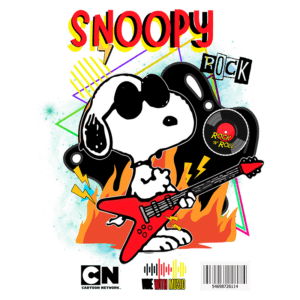 Snoopy em estilo rock, usando óculos escuros e tocando guitarra elétrica em meio a chamas. O fundo é colorido com elementos gráficos vibrantes, destacando a temática musical. Logotipo do Cartoon Network incluído.