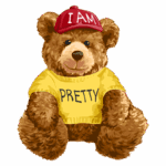 Ursa de pelúcia fofa usando uma camiseta amarela com a palavra "PRETTY" e um boné vermelho com a palavra "I AM". Ideal para atributos de carinho e diversão.