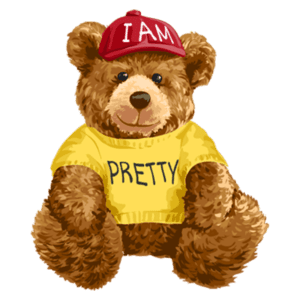 Ursa de pelúcia fofa usando uma camiseta amarela com a palavra "PRETTY" e um boné vermelho com a palavra "I AM". Ideal para atributos de carinho e diversão.